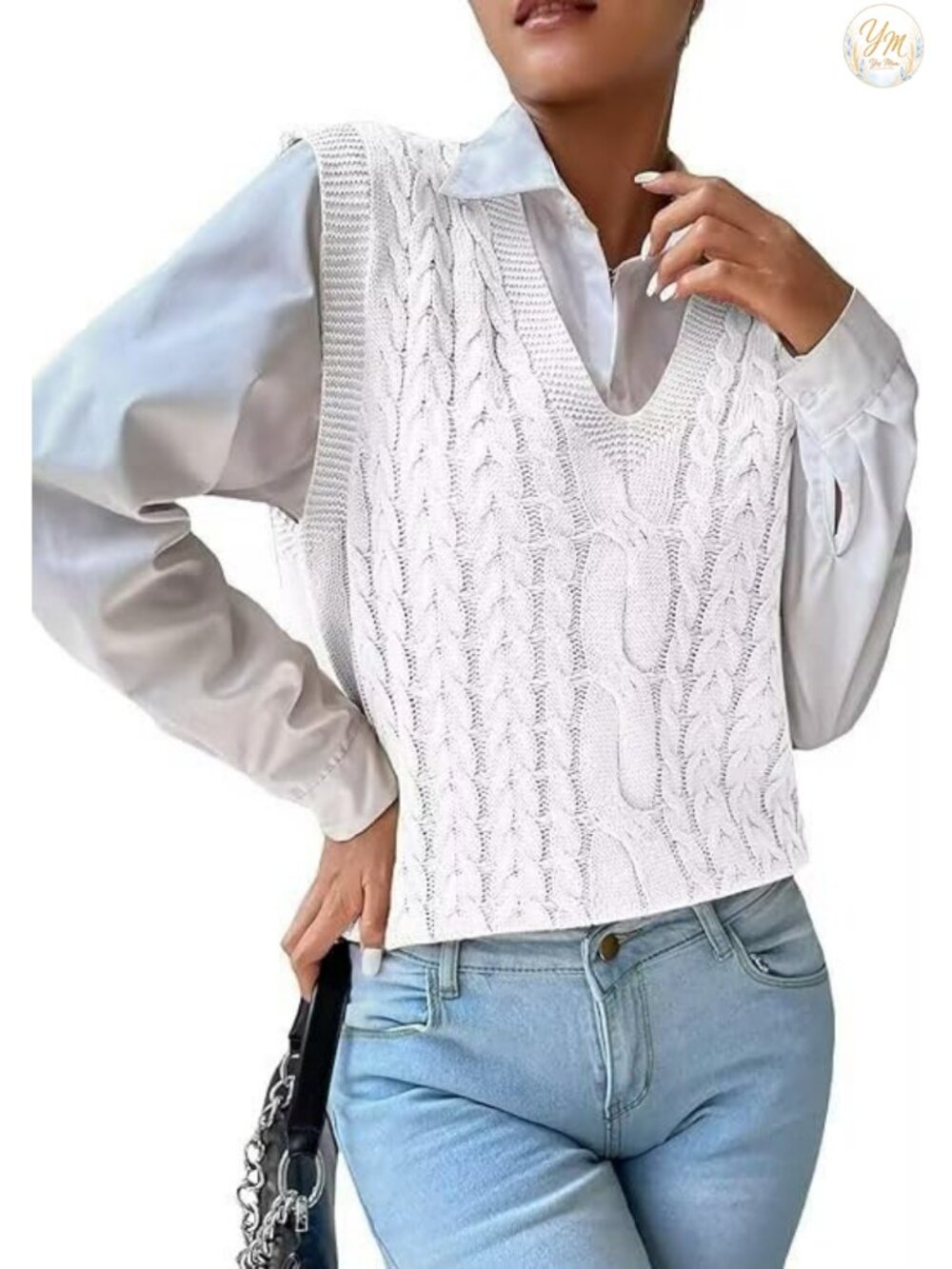 Womens Cable Knit Sweater Vest Sleeveless Cotton V-Neck Pullover Loose Fit